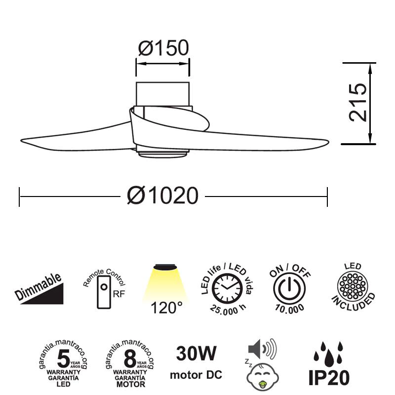 Ventilador de techo LED 24W ISLAND 30W Blanco 2700K-5000K, 1700 Lm | Mantra