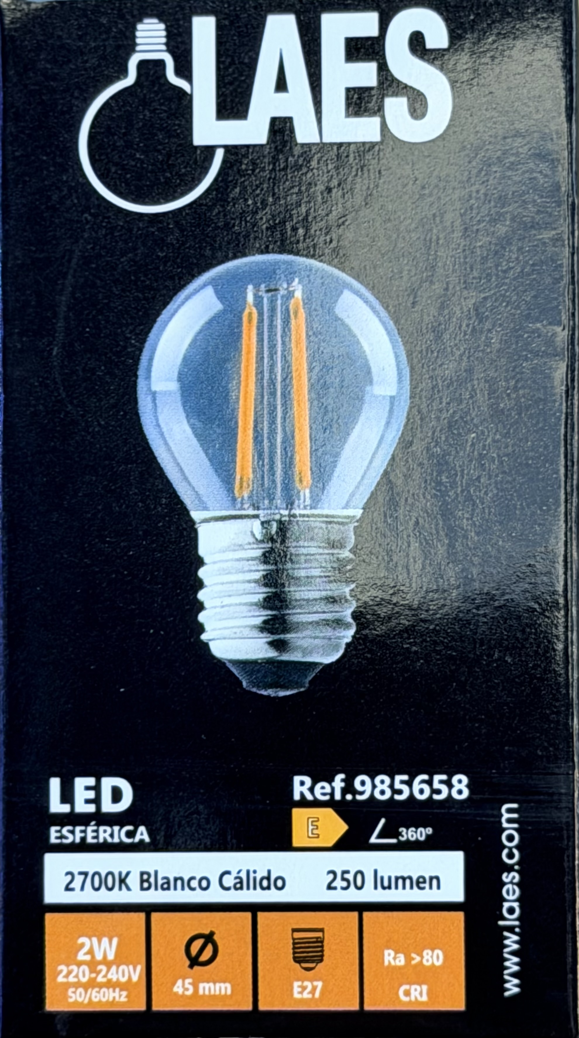 Bombilla LED esférica LAES E27 filamento 2 W · 250 lm · 2700 K