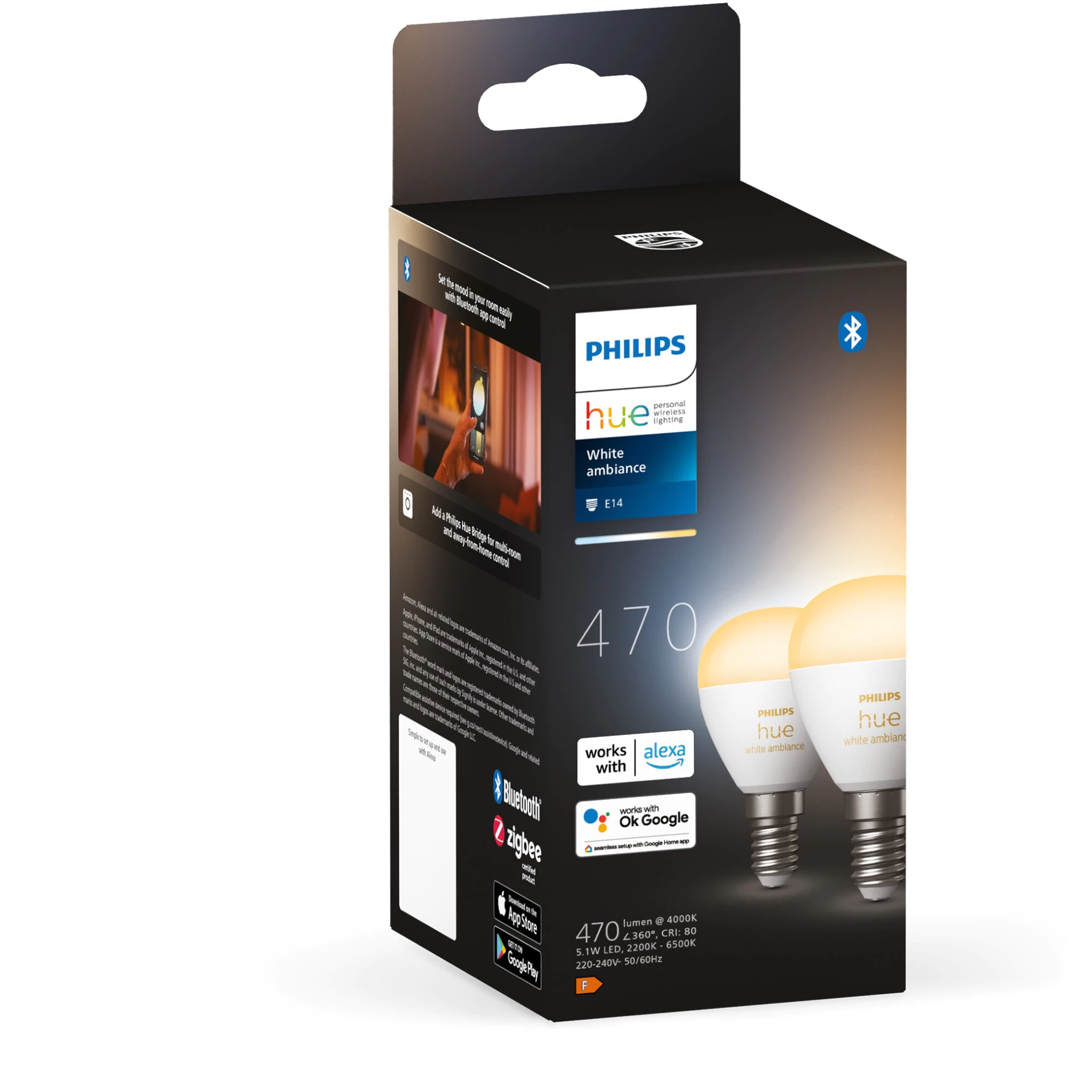   Bombilla LED inteligente Esférica, Philips Hue, casquillo 💡 E14, 5.1W 470 lúmens, Luz Blanca de Cálida a Fría - Pack de  2